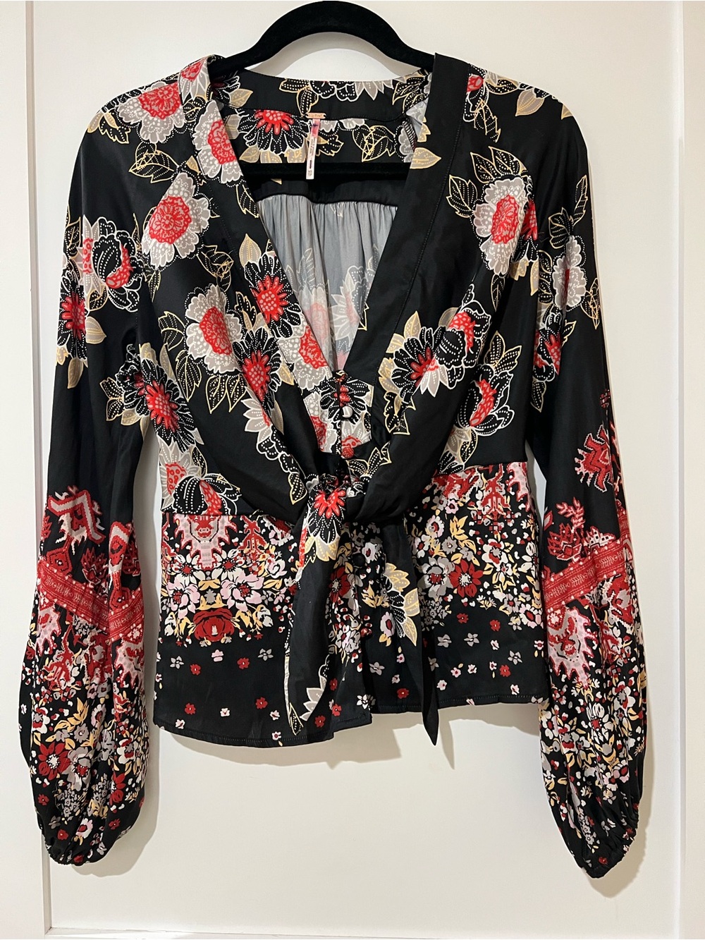 Free People Black Floral Tie-Front Long Sleeve Blouse